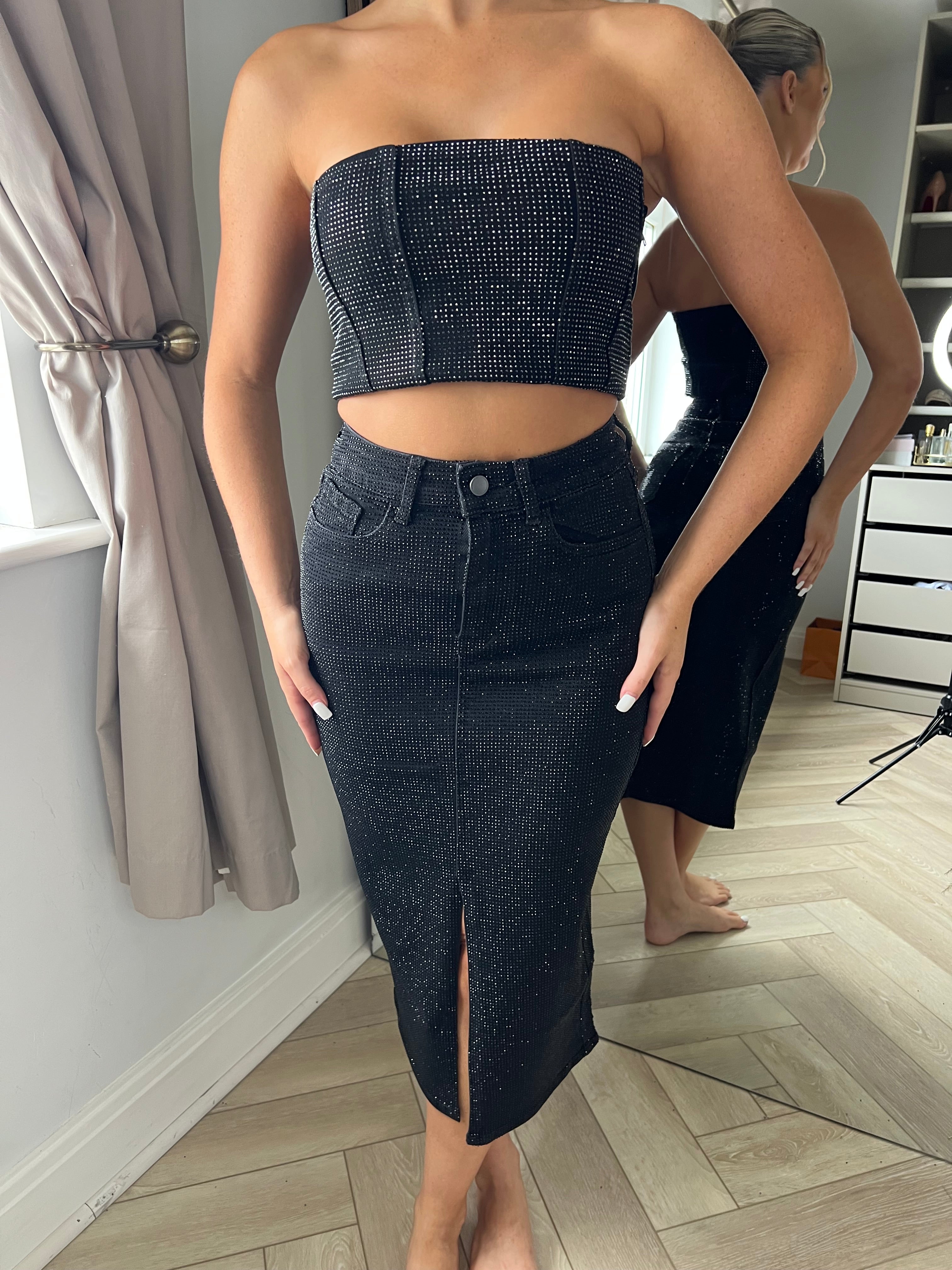 Gonna Midi in Denim Nero con Strass
