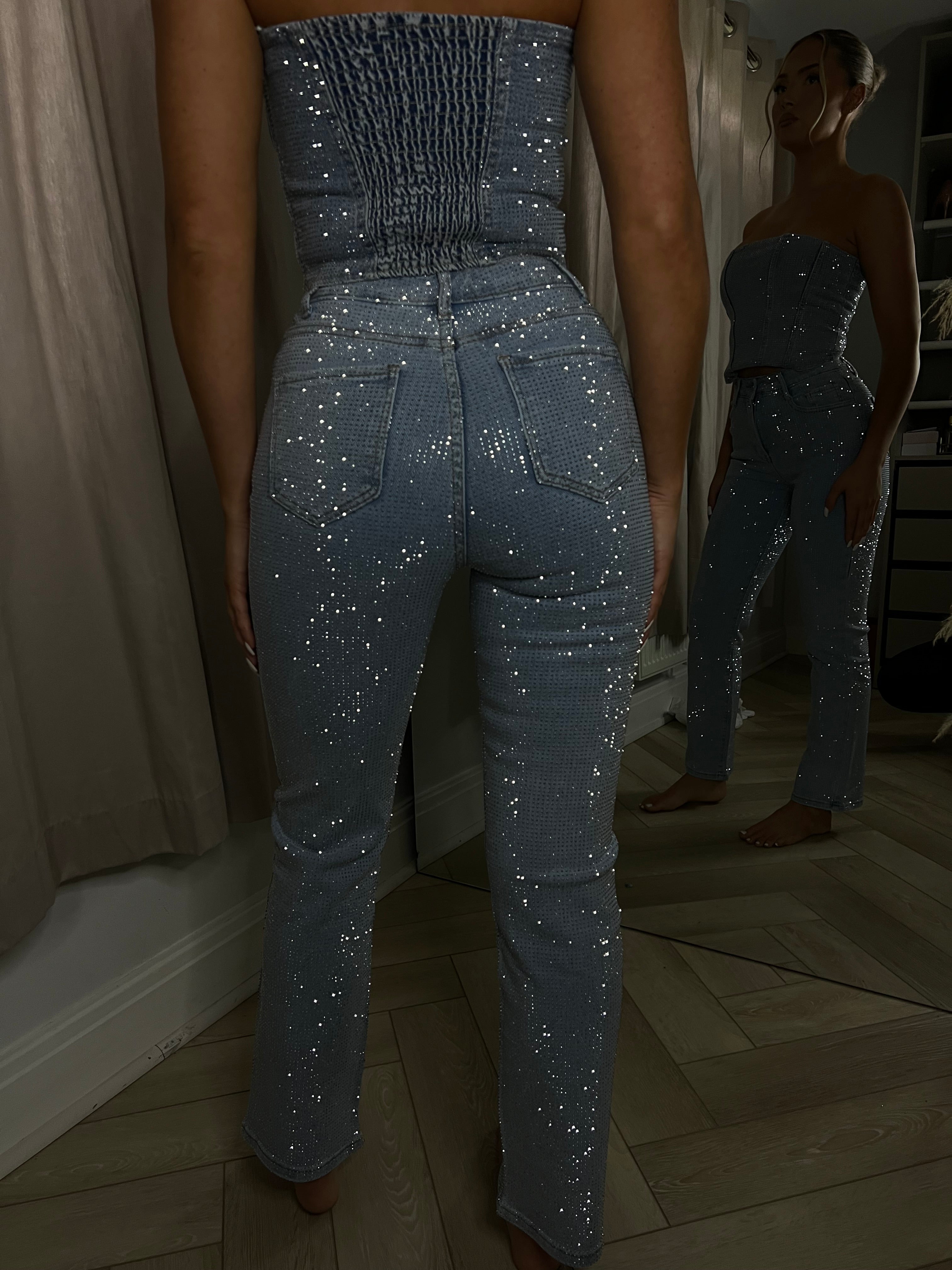 Light Blue Straight Leg Diamanté Jeans