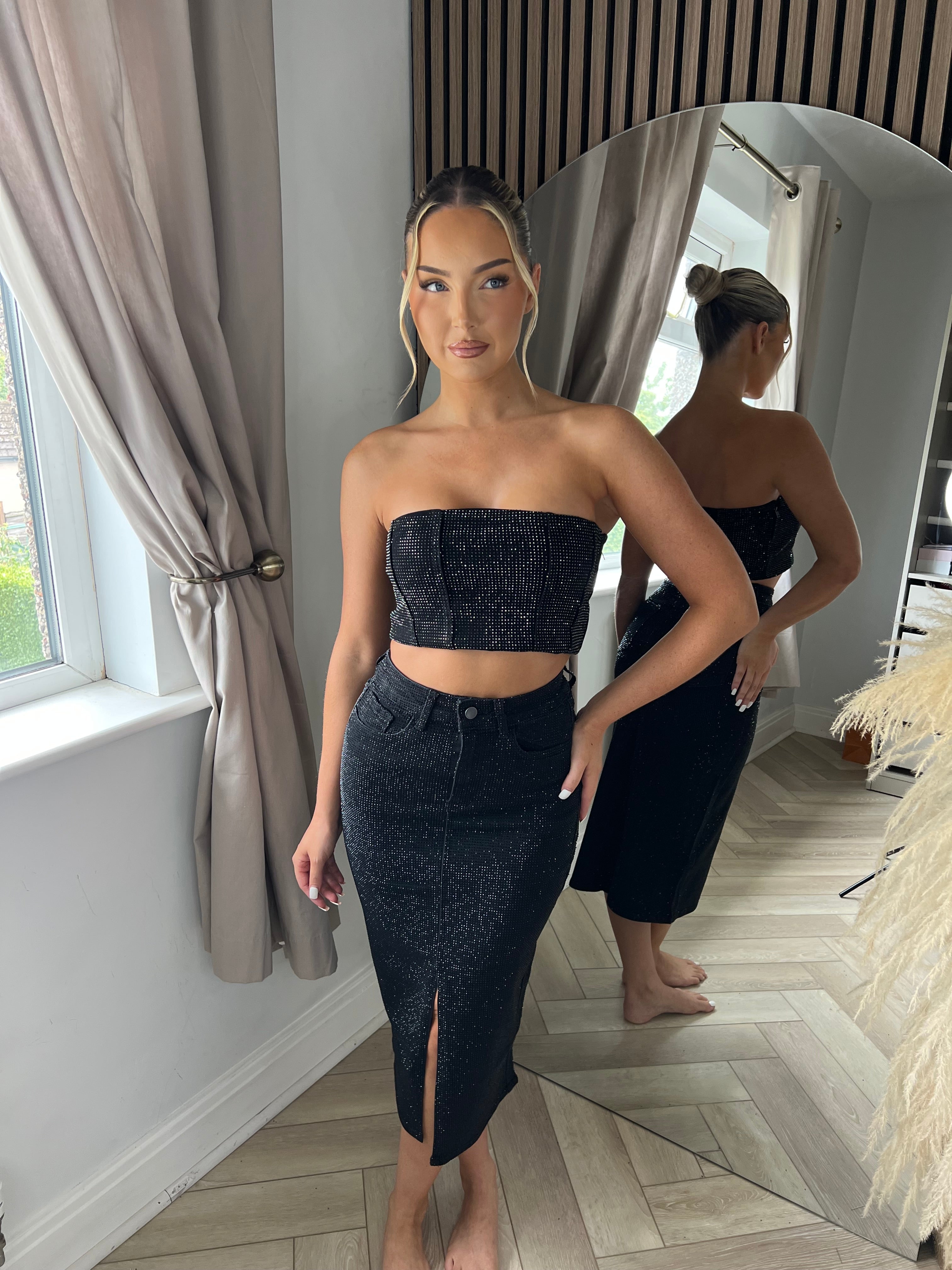 Gonna Midi in Denim Nero con Strass