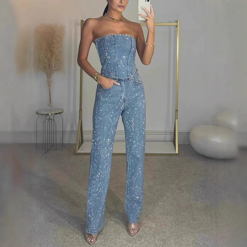 Completo Scintillante da Donna 2 Pezzi: Top e Pantaloni a Vita Alta Collezione 2026